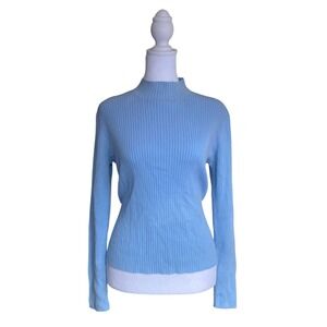 Vintage‎ 1990s Ribbed Mock Neck Blue Sweater Large Preppy Collegiate Winter Ski